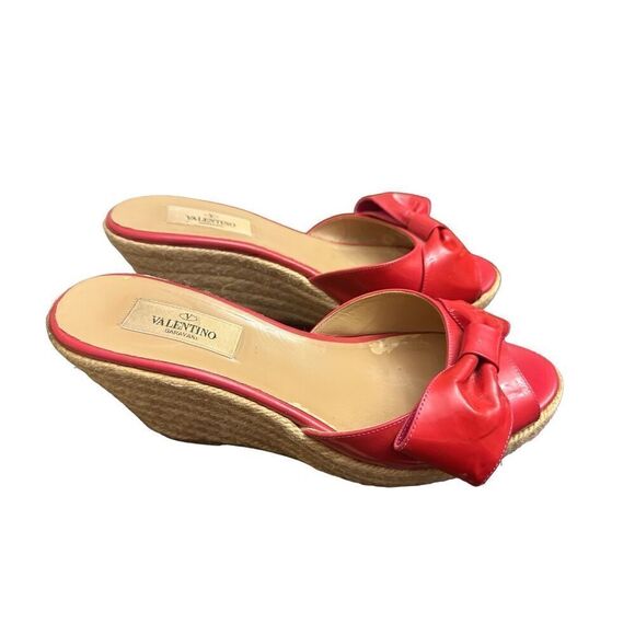 Valentino Mena Bow Hot Pink Patent Leather Wedge Espadrille Slide Sandal sz 38 ( - Picture 2 of 9